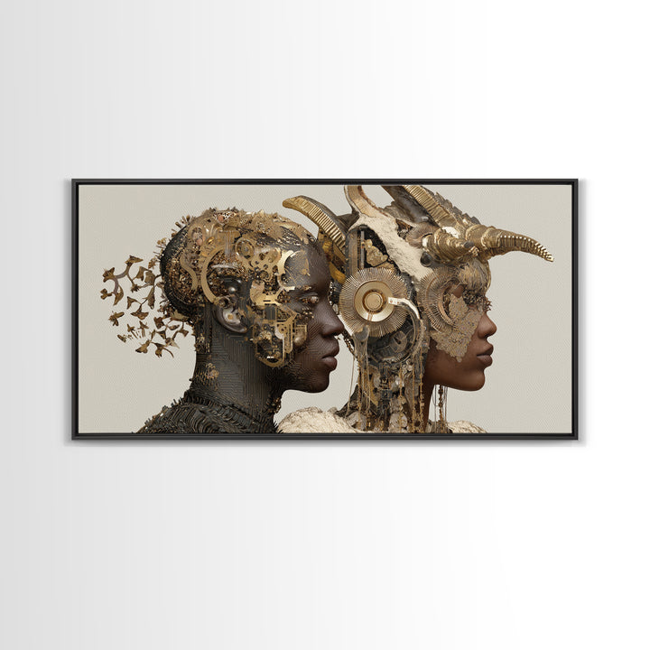 Afrofuturist Royal Couple With Horned Crowns Wall Art, African Goddess Portrait Canvas Print, Luxury Sci Fi Decor Gift Art