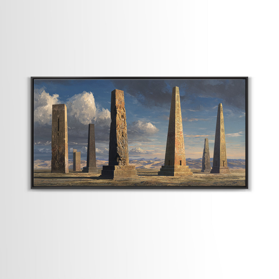 Ancient Carved Desert Obelisks Wall Art, African Egyptian Art Print, Monument Landscape, Earth Tone Home Decor Gift For Living Room