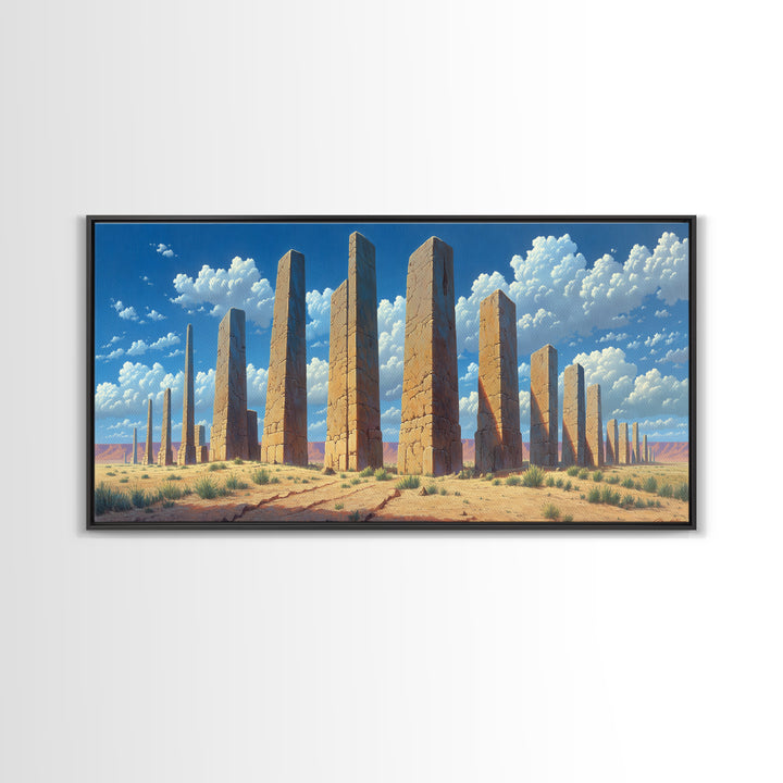Sunlit Desert Pillars Wall Art, African Egyptian Art Print, Ancient Monument Canvas, Large Wall Decor For Office And Home