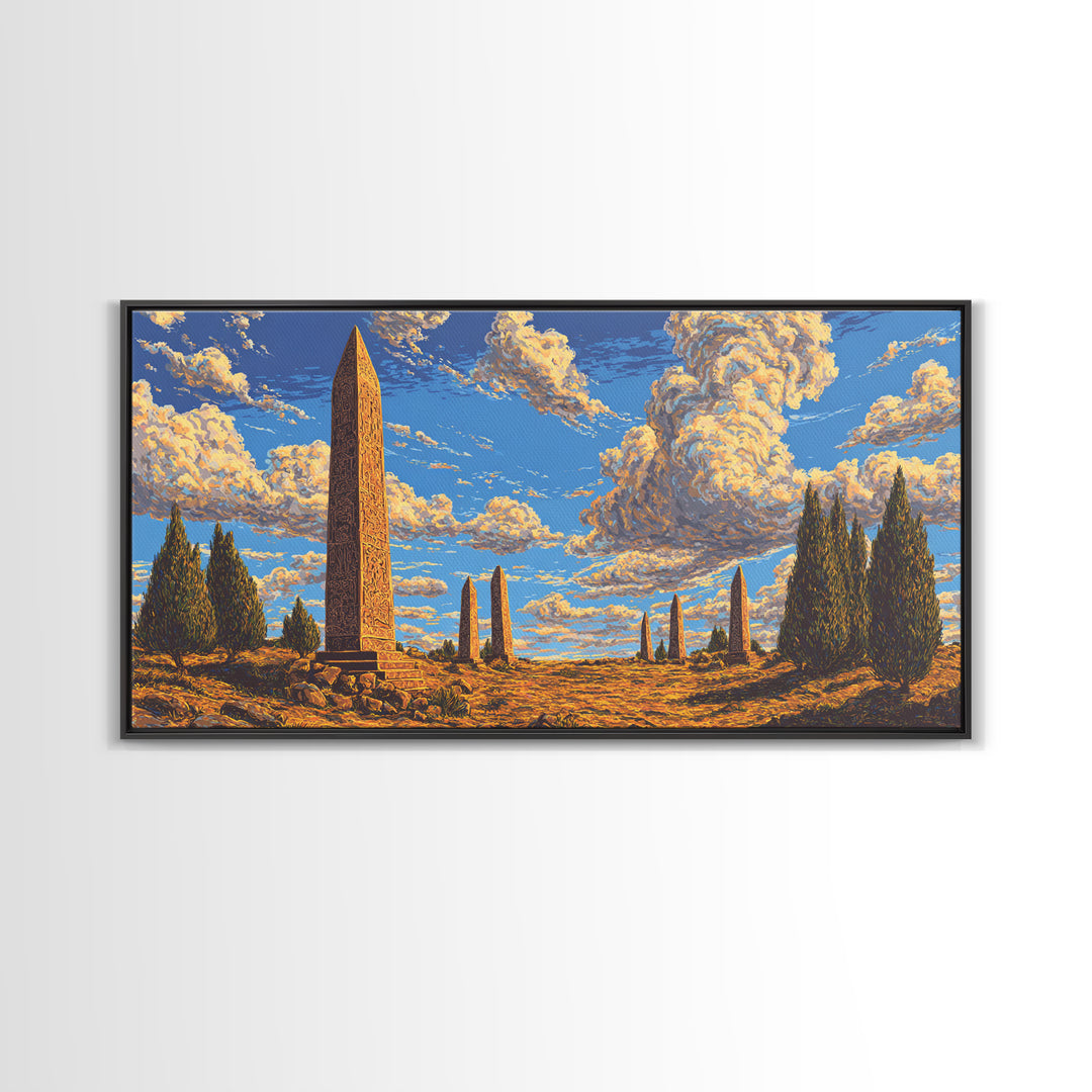 Golden Sky Obelisk Garden Wall Art, African Landscape Print, Ancient Monument Decor, Boho Earth Tone Living Room Artwork