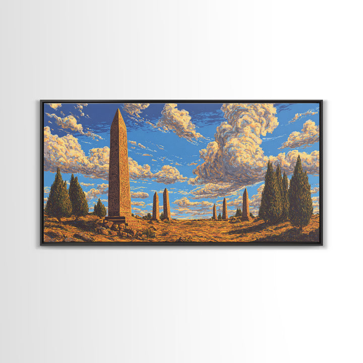 Golden Sky Obelisk Garden Wall Art, African Landscape Print, Ancient Monument Decor, Boho Earth Tone Living Room Artwork