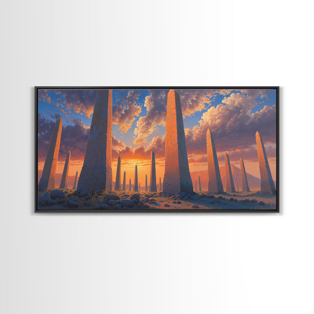 Sunset Obelisk Field Wall Art, African Egyptian Art Print, Ancient Desert Landscape, Warm Orange Statement Home Decor Gift