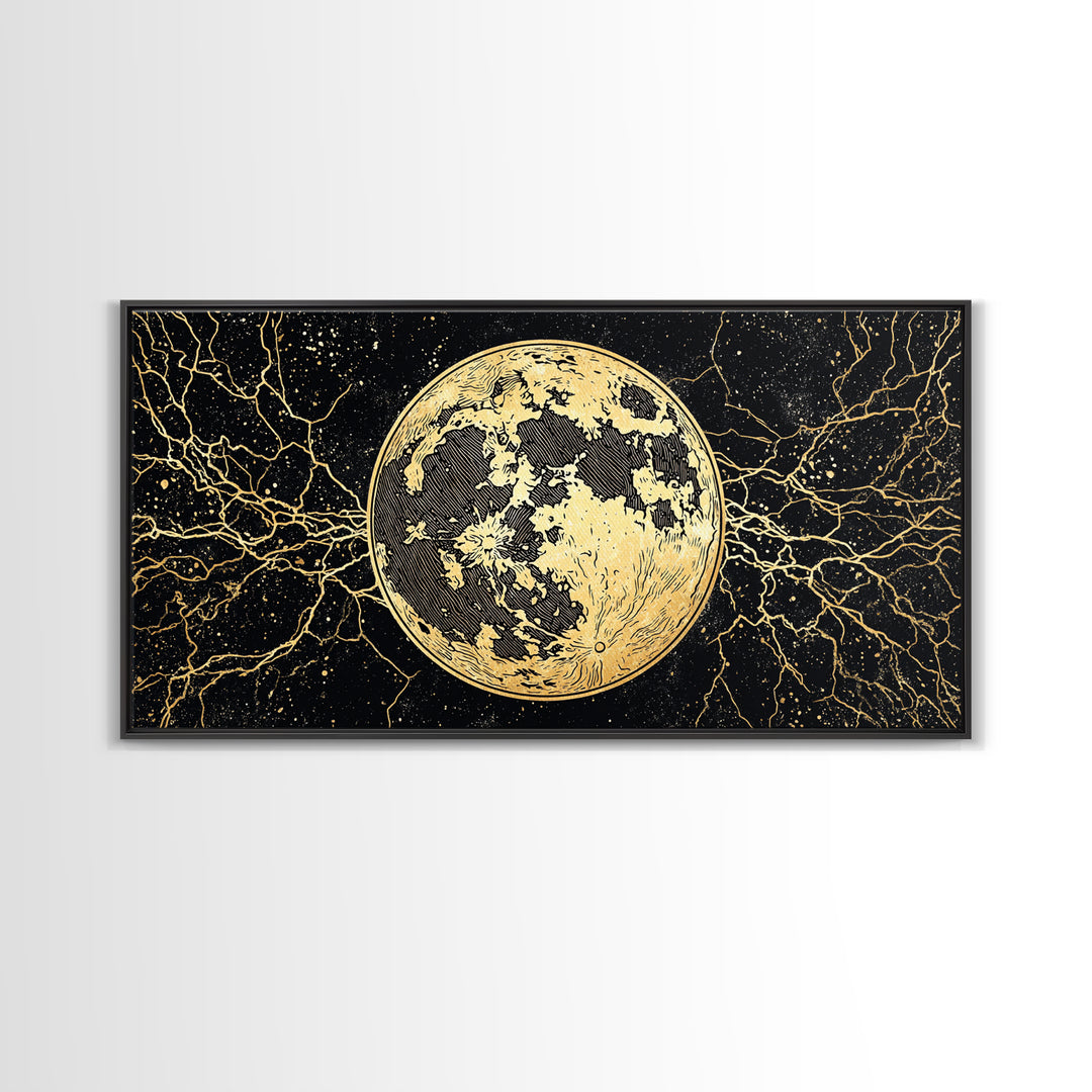 Golden Full Moon Wall Art, Black And Gold Celestial Canvas Print, Mystical Wall Decor, Abstract Night Sky Gift For Bedroom Home