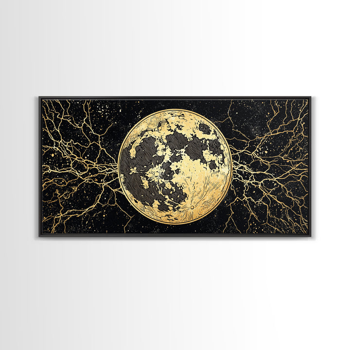 Golden Full Moon Wall Art, Black And Gold Celestial Canvas Print, Mystical Wall Decor, Abstract Night Sky Gift For Bedroom Home