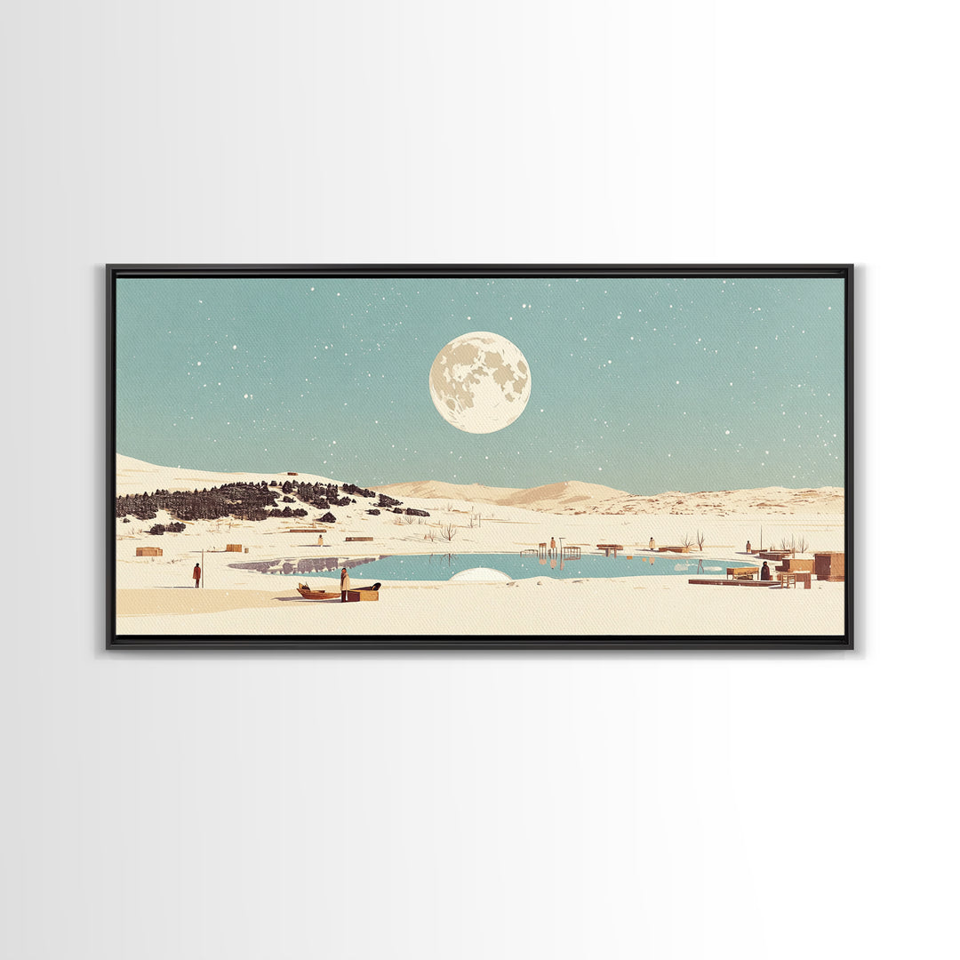 Moonlit Lake Village With Boats Canvas Print, African Landscape Wall Decor, Serene Travel Poster, Blue Bedroom Art Home Decor