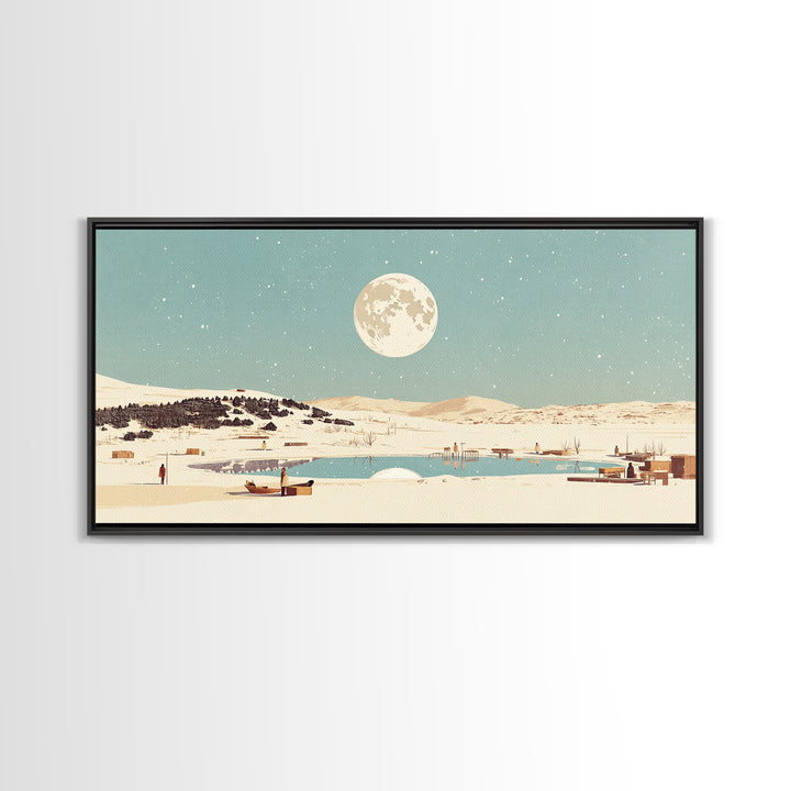 Moonlit Lake Village With Boats Canvas Print, African Landscape Wall Decor, Serene Travel Poster, Blue Bedroom Art Home Decor