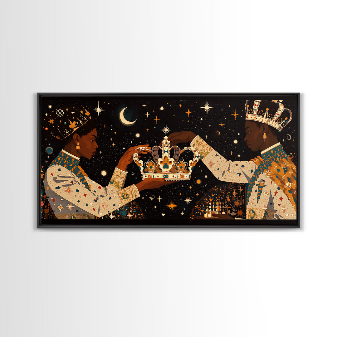 Celestial Black King And Queen Crowning Framed Canvas Print, African American Art, Royal Afrocentric Cultural Wall Decor