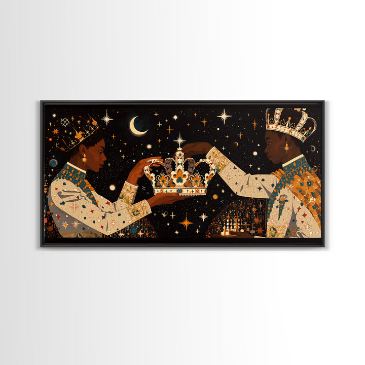 Celestial Black King And Queen Crowning Framed Canvas Print, African American Art, Royal Afrocentric Cultural Wall Decor