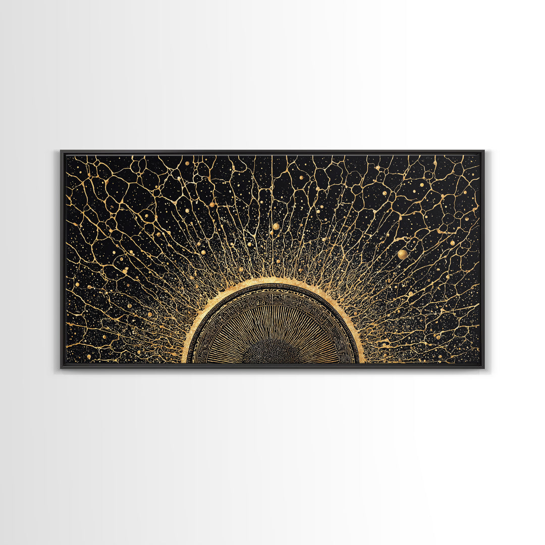 Golden Cosmic Sun Network Abstract Wall Art, Geometric African Inspired Decor, Black And Gold Modern Living Room Canvas Print