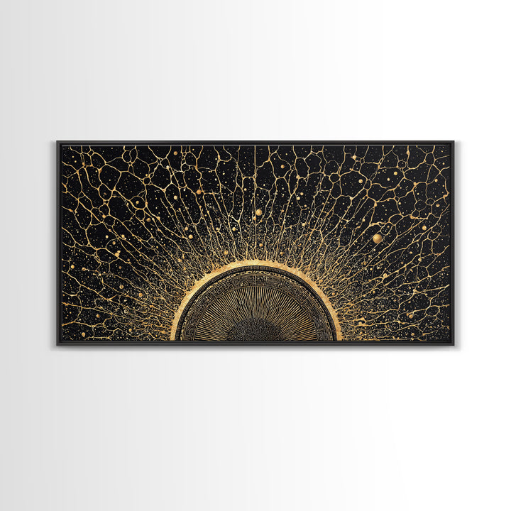 Golden Cosmic Sun Network Abstract Wall Art, Geometric African Inspired Decor, Black And Gold Modern Living Room Canvas Print
