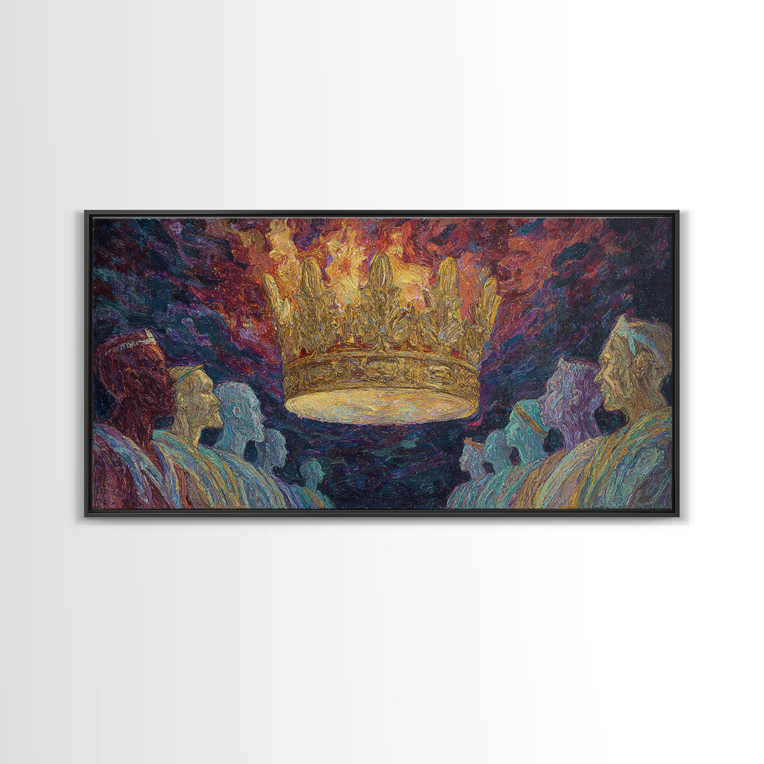 Fiery Floating Crown And Robed Figures Wall Art, African Royalty Painting, Black History Decor, Textured Canvas Print Gift