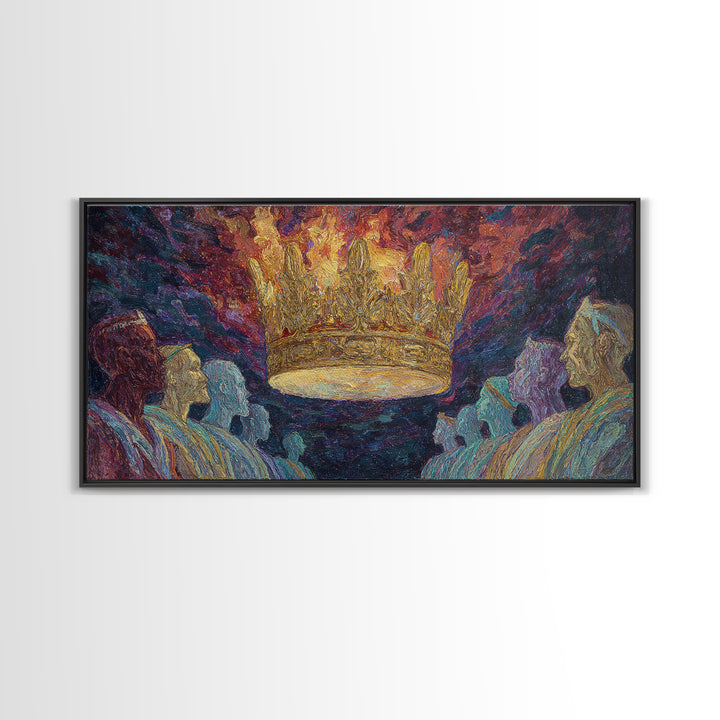 Fiery Floating Crown And Robed Figures Wall Art, African Royalty Painting, Black History Decor, Textured Canvas Print Gift