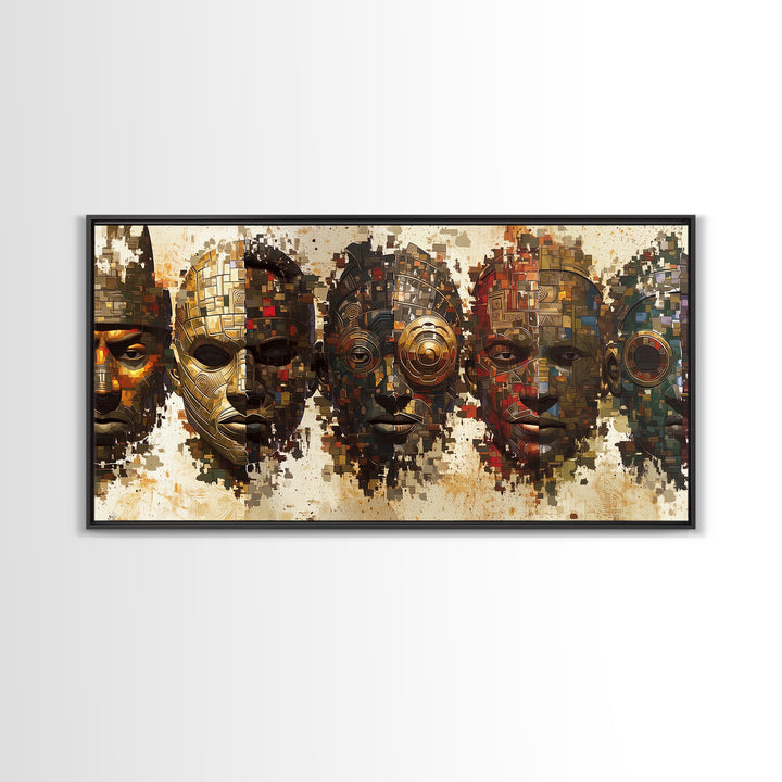 Mosaic African Masks With Metallic Texture Framed Canvas Print, Tribal Wall Decor, Cultural Afrocentric Statement Art Gift