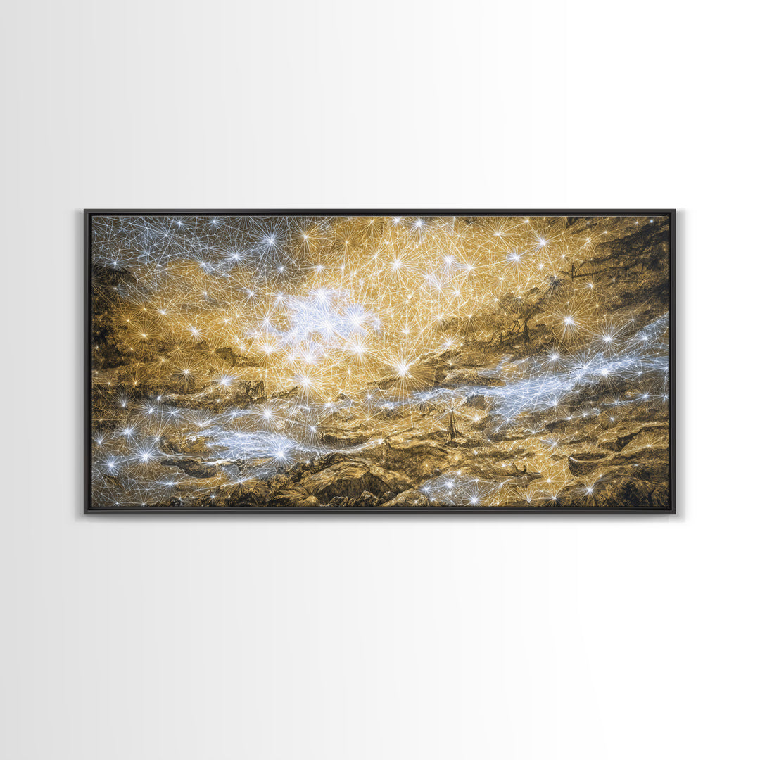 Golden Cosmic River Abstract Wall Art, Textured Modern Canvas Decor, Luxury Blue Gold Landscape For Living Room Statement Piece