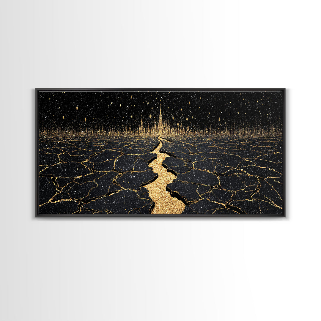 Black Gold Cracked Earth Pathway Canvas Print, Abstract Landscape Wall Decor, Dramatic Modern Art For Office Home Decor Gift