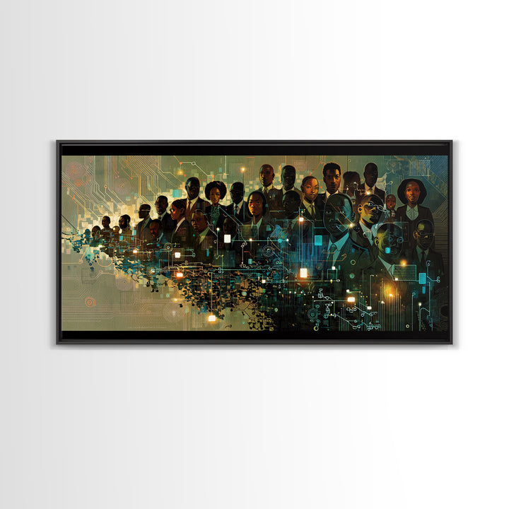 Afrofuturist Black Leaders In Digital City Wall Art, African American Tech Portrait, Futuristic Office Decor Print Canvas Gift