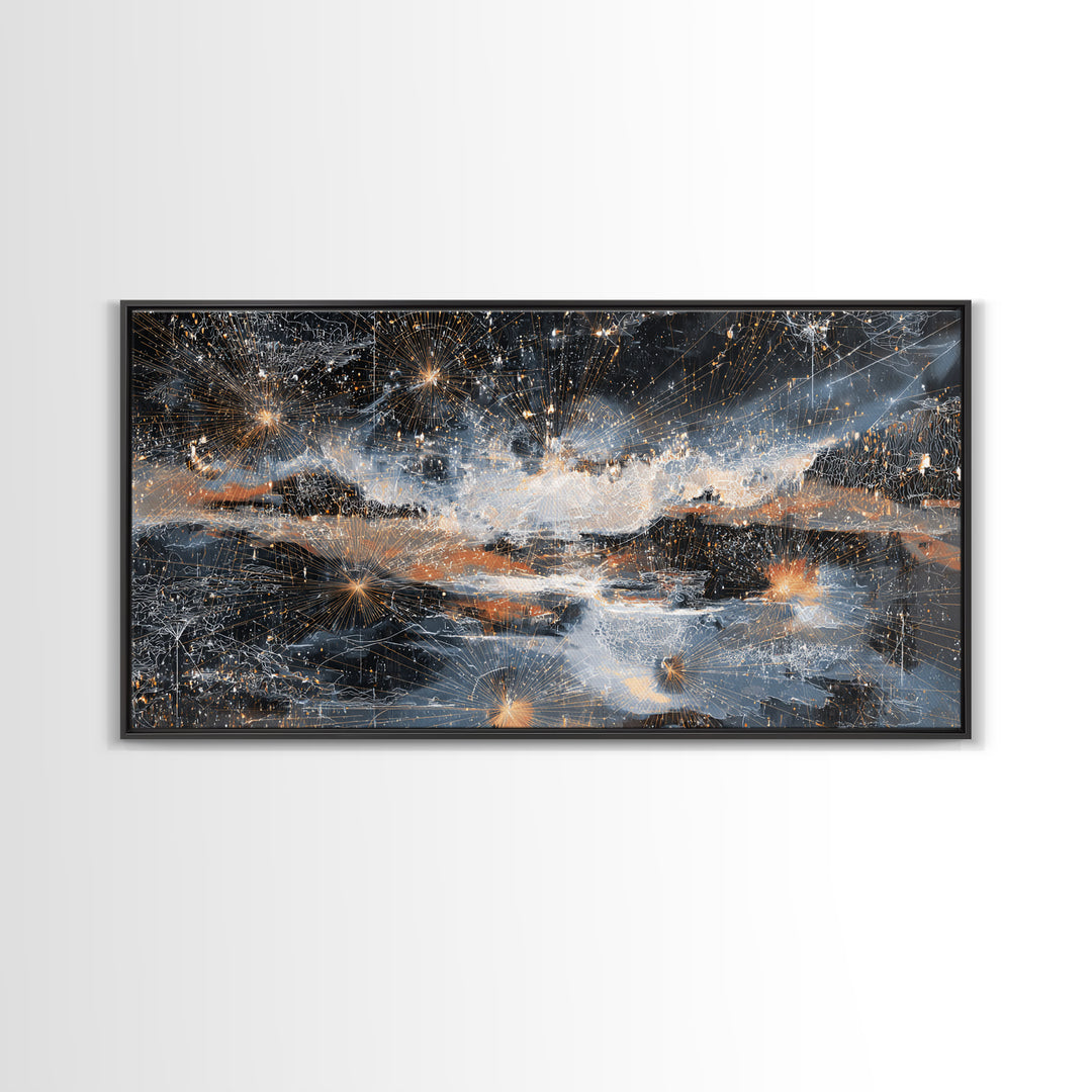 Starry Silver Mountain Sky Abstract Canvas Print, Dreamy Wall Art Decor, Modern Nature Landscape For Bedroom Office Gift