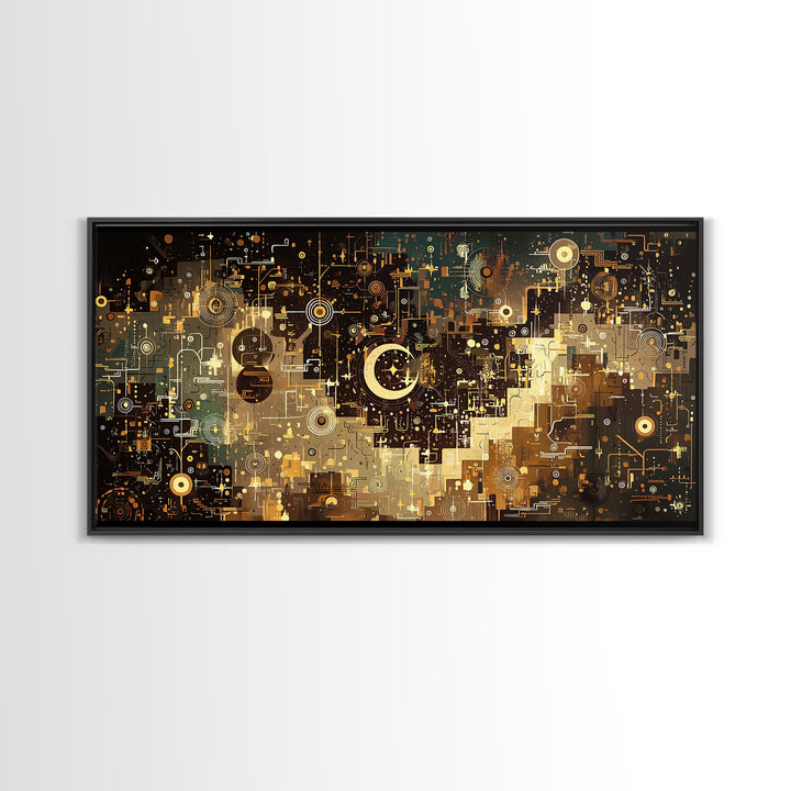 Gold Crescent Abstract Circuit City Wall Art, Black Gold Canvas Decor, Modern Islamic Inspired Geometric Home Decor Statement Piece
