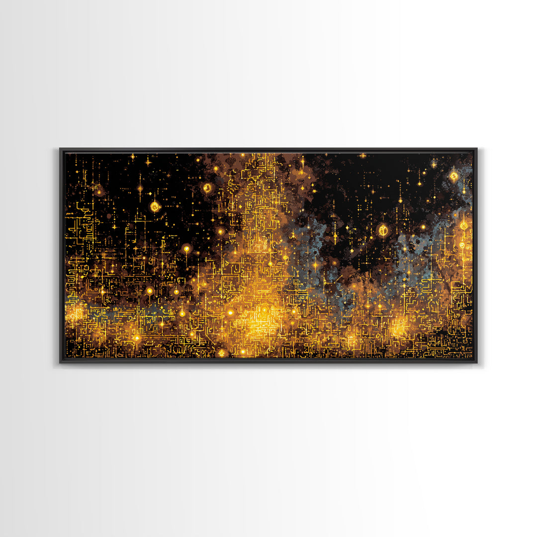 Golden Futuristic Skyline Canvas Print, Abstract City Lights Wall Decor, Luxury Black Gold Modern Home Decor Statement Piece