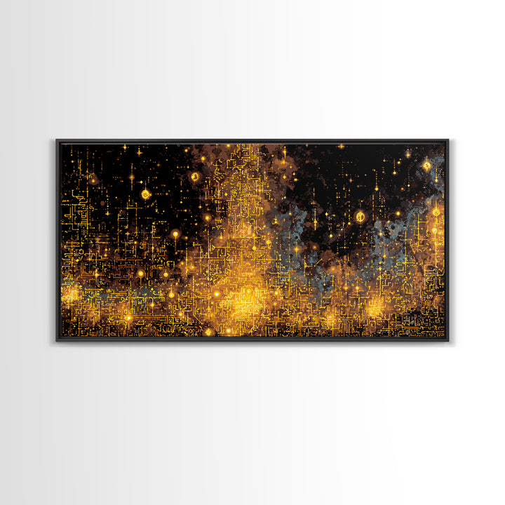 Golden Futuristic Skyline Canvas Print, Abstract City Lights Wall Decor, Luxury Black Gold Modern Home Decor Statement Piece