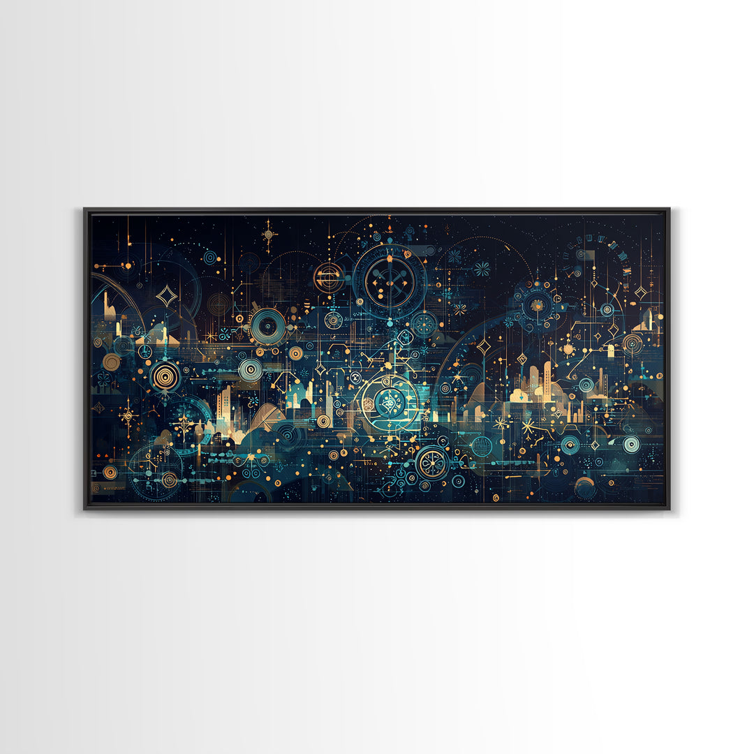 Teal Celestial Blueprint Wall Art, Abstract Science Diagram Canvas Decor, Modern Geometric Office Decor Unique Gift For Him