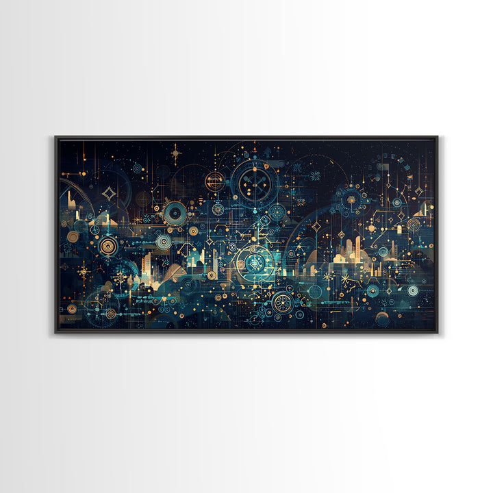 Teal Celestial Blueprint Wall Art, Abstract Science Diagram Canvas Decor, Modern Geometric Office Decor Unique Gift For Him