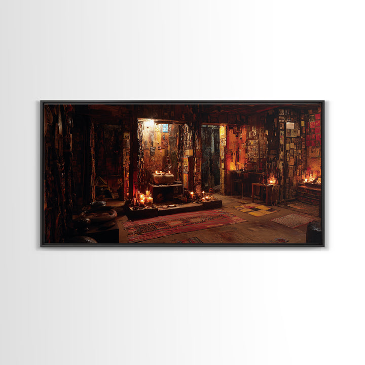 Candlelit Bohemian Shrine Interior Wall Art, Mystic Meditation Room Decor, Warm Earth Tone Canvas Print For Home Unique Gift
