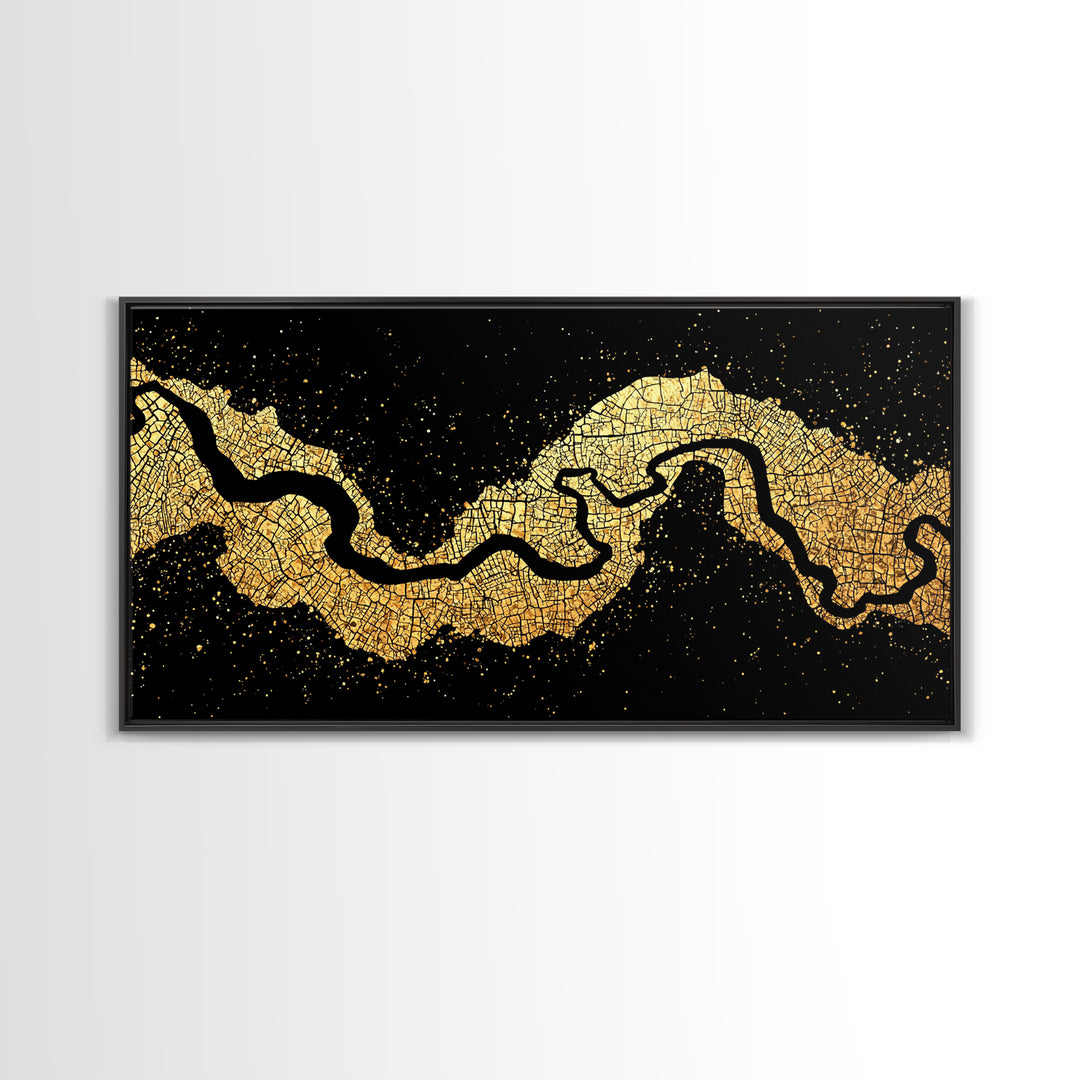 Black And Gold River Map Wall Art, Abstract Earth Tone Landscape Canvas Decor, Modern Minimalist Statement Piece For Home Decor