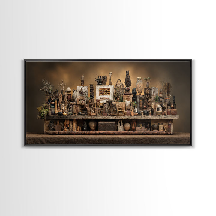 African Tribal Artifact Shelf Wall Art, Rustic Sculpture Still Life Canvas Decor, Ethnic Cultural Home Decor Statement Piece