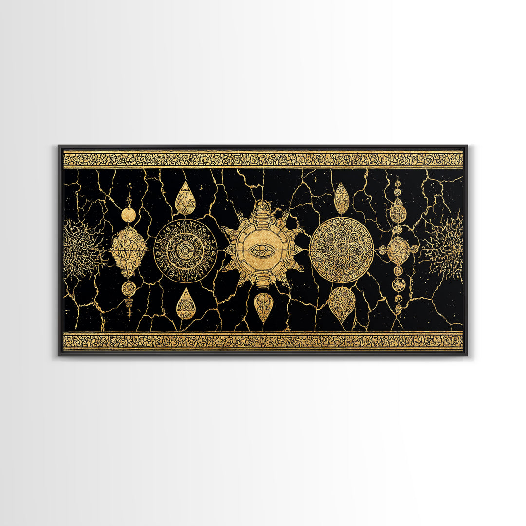Black Gold Ornamental Mandala Canvas Print, Sacred Geometry Wall Decor, Luxury Boho Pattern Home Decor Statement Piece Gift For Her