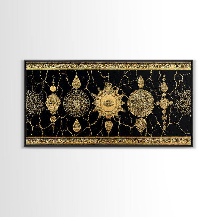 Black Gold Ornamental Mandala Canvas Print, Sacred Geometry Wall Decor, Luxury Boho Pattern Home Decor Statement Piece Gift For Her