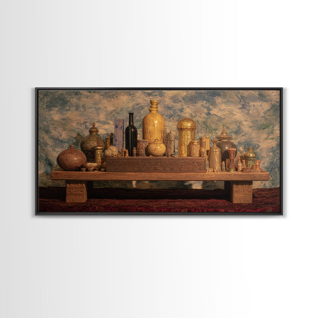 Ornate African Treasure Table Wall Art, Gold Vessel Still Life, Ethnic Home Decor, Luxury Canvas Print For Living Room