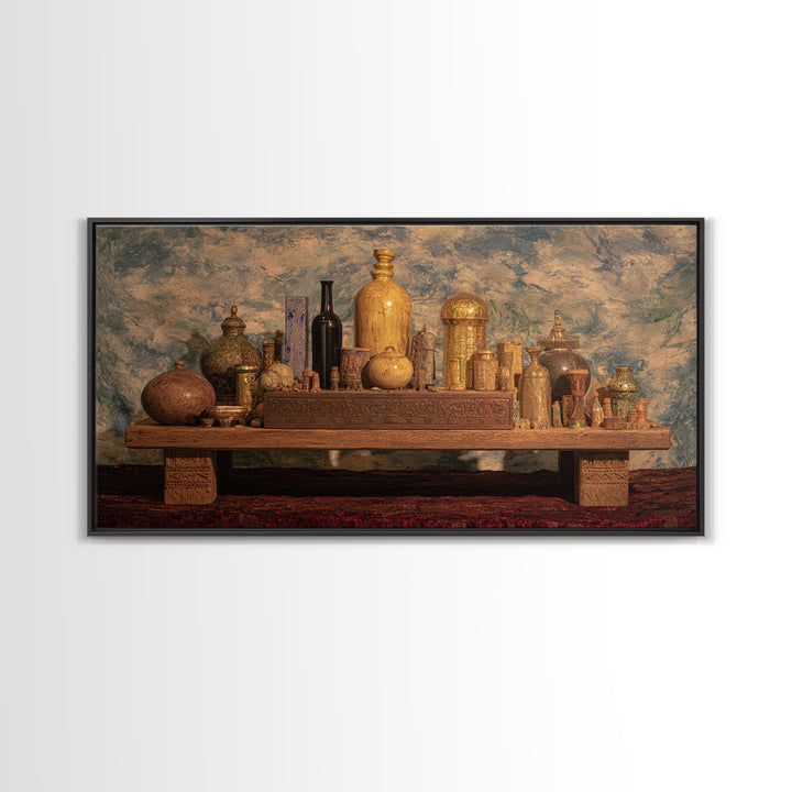 Ornate African Treasure Table Wall Art, Gold Vessel Still Life, Ethnic Home Decor, Luxury Canvas Print For Living Room