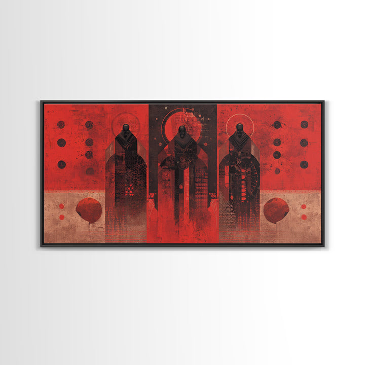 Three Ancestral Figures In Red Wall Art, Abstract African Tribal Art, Spiritual Black Culture Canvas Print, Bold Decor Gift