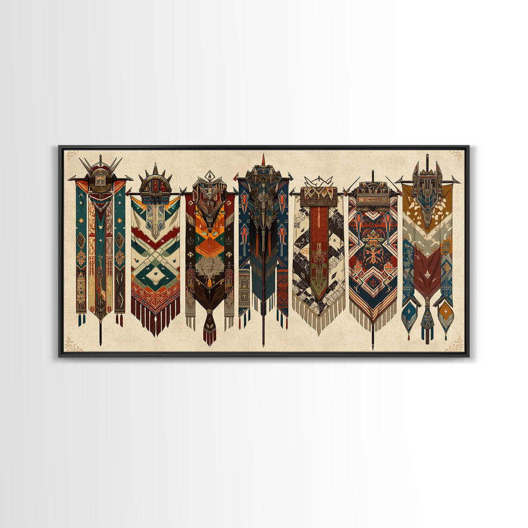 Seven Ornate African Tribal Banners Wall Art, Ankara Pattern Textile Art, Cultural Home Decor, Framed Canvas Print Gift For Her