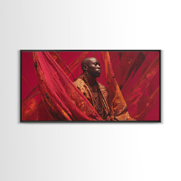 Regal African Man In Red Fabric Wall Art, Contemporary Portrait, Afrocentric Fashion Canvas Print, Bold Home Decor Gift For Him