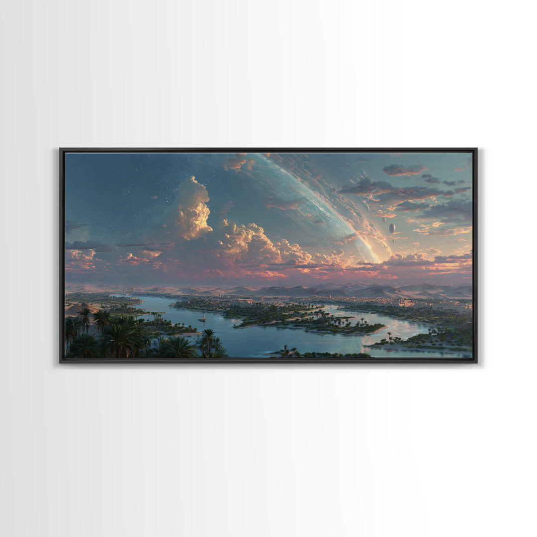 Epic African River Valley At Sunrise Wall Art, Afrofuturism Landscape, Dreamy Nature Scene Canvas Print, Large Decor Gift
