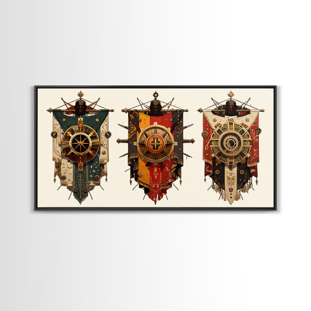 Three Ornate African Shield Banners Wall Art, Tribal Mask Canvas Print, Geometric Cultural Decor, Statement Wall Piece Gift