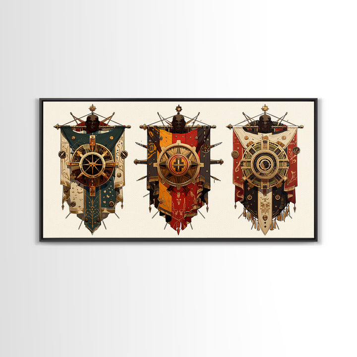 Three Ornate African Shield Banners Wall Art, Tribal Mask Canvas Print, Geometric Cultural Decor, Statement Wall Piece Gift