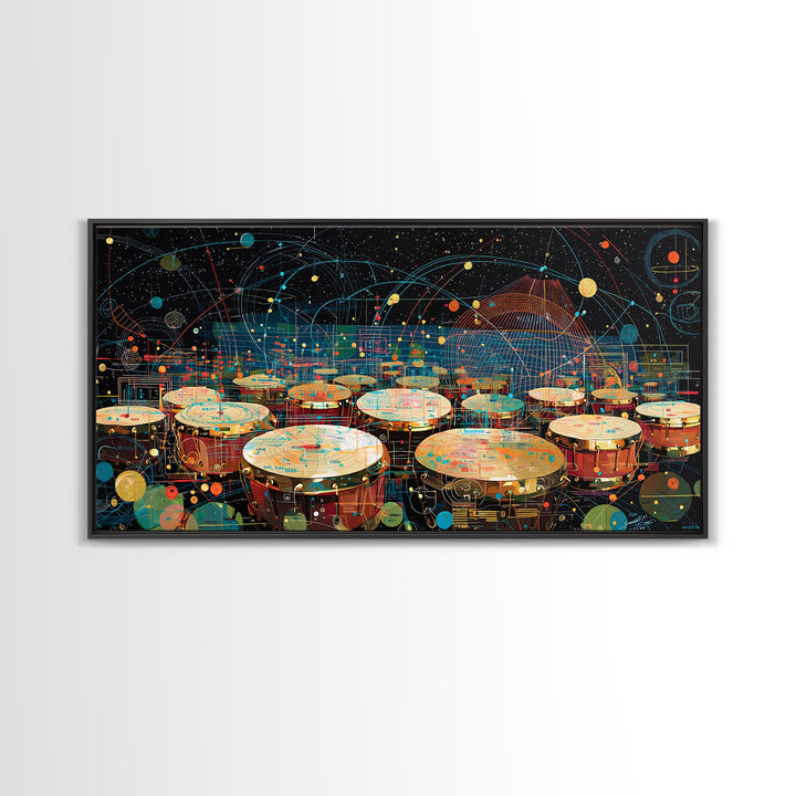 Futuristic Afro Drums Under Cosmic Orbits Canvas Print, Modern African Art, Music Room Decor, Afrofuturism Decor, Bold Art