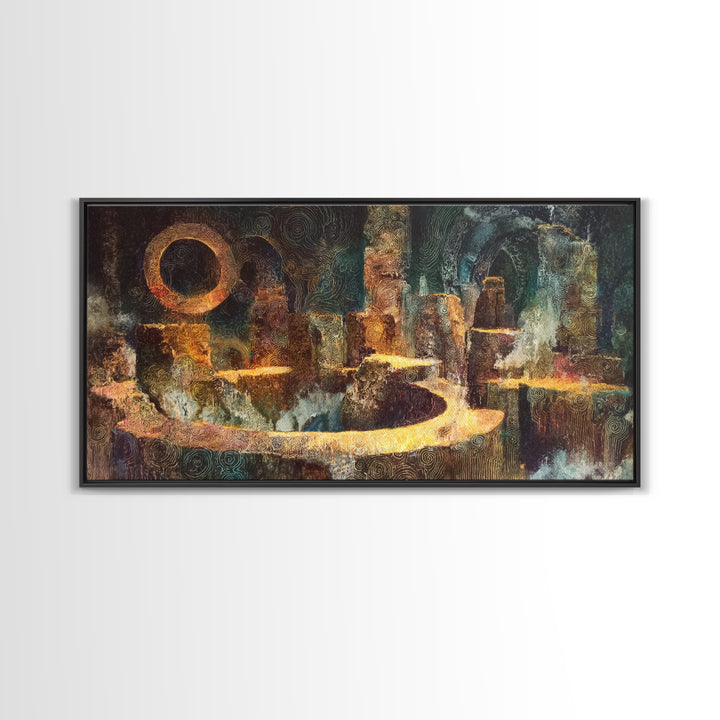 Mystic Ancient City With Golden Path Framed Canvas Print, African Abstract Art, Spiritual Wall Decor, Luxury Canvas Art Print