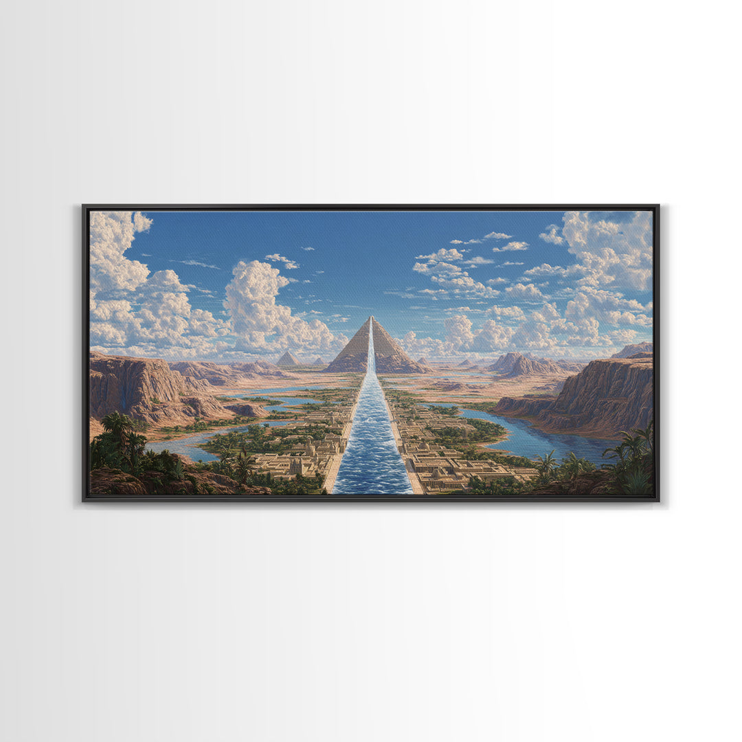 Sunlit Pyramids And River Oasis Canvas Print, African Egyptian Art, Landscape Wall Art, Travel Poster, Elegant Home Decor