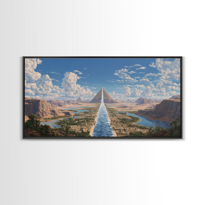 Sunlit Pyramids And River Oasis Canvas Print, African Egyptian Art, Landscape Wall Art, Travel Poster, Elegant Home Decor