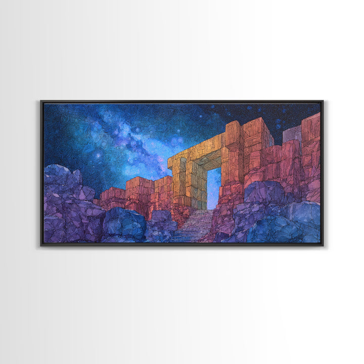 Ancient Desert Ruins Under Starry Blue Sky Wall Art, Mystical Temple Landscape, Boho Home Decor, Fantasy Travel Poster Print