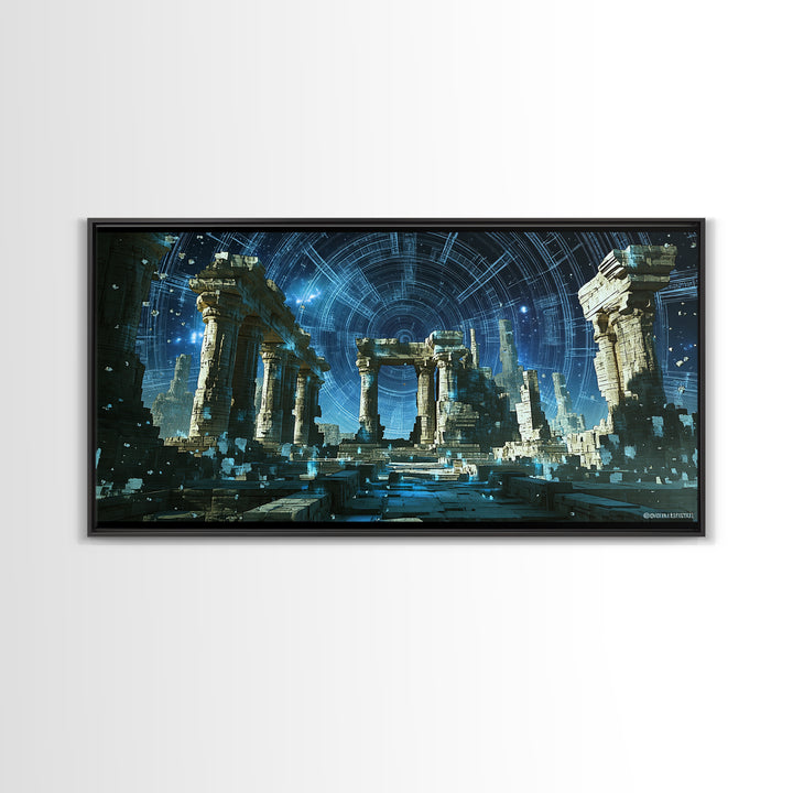Glowing Futuristic Temple Columns In Blue Starlight Canvas Print, Sci Fi Ruins Wall Art, Modern Fantasy Home Decor, Celestial Poster