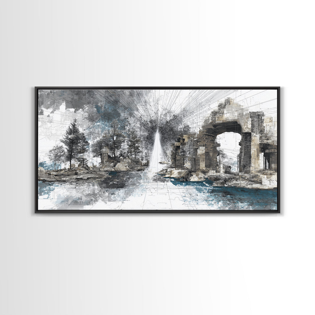 White Fountain Light Beside Ruined Stone Arch Wall Art, Minimalist Landscape, Black And White Office Decor Canvas Print Poster