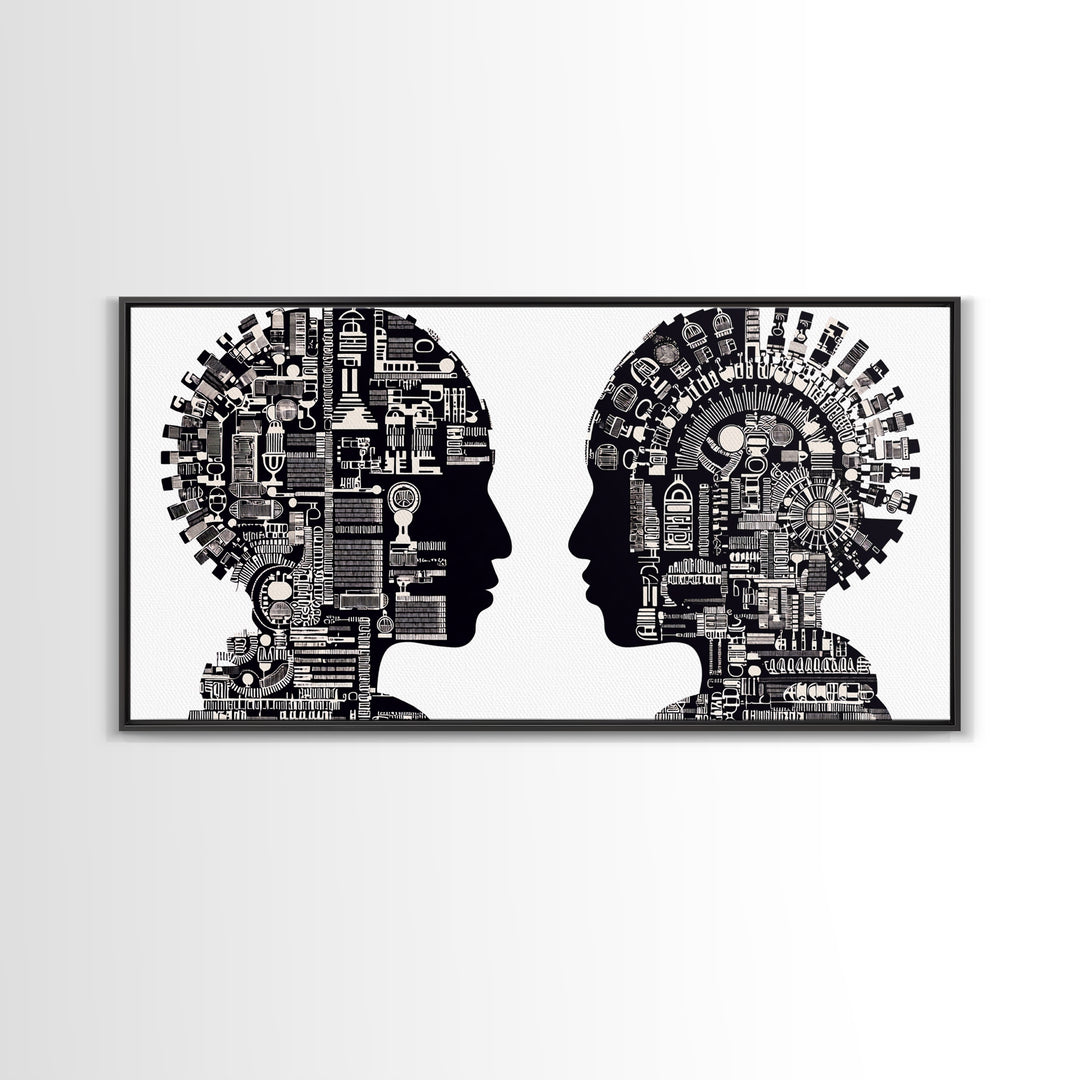 Black And White Profile Faces With Mechanical City Patterns Wall Art, Geometric Portrait Canvas Print, Modern Office Decor