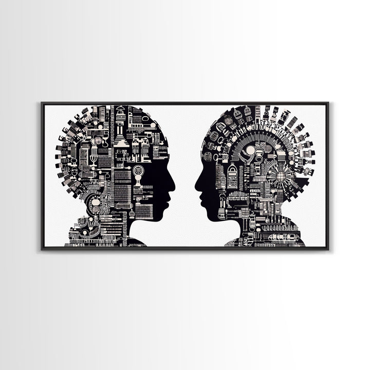 Black And White Profile Faces With Mechanical City Patterns Wall Art, Geometric Portrait Canvas Print, Modern Office Decor