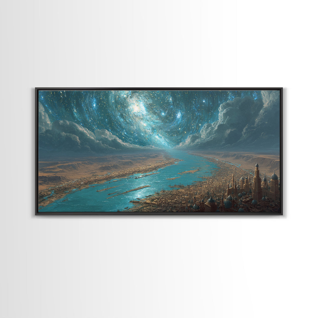 Cosmic Nile River City Under Swirling Galaxy Wall Art, Egyptian Inspired Landscape Canvas Print, Luxury Home Decor Poster