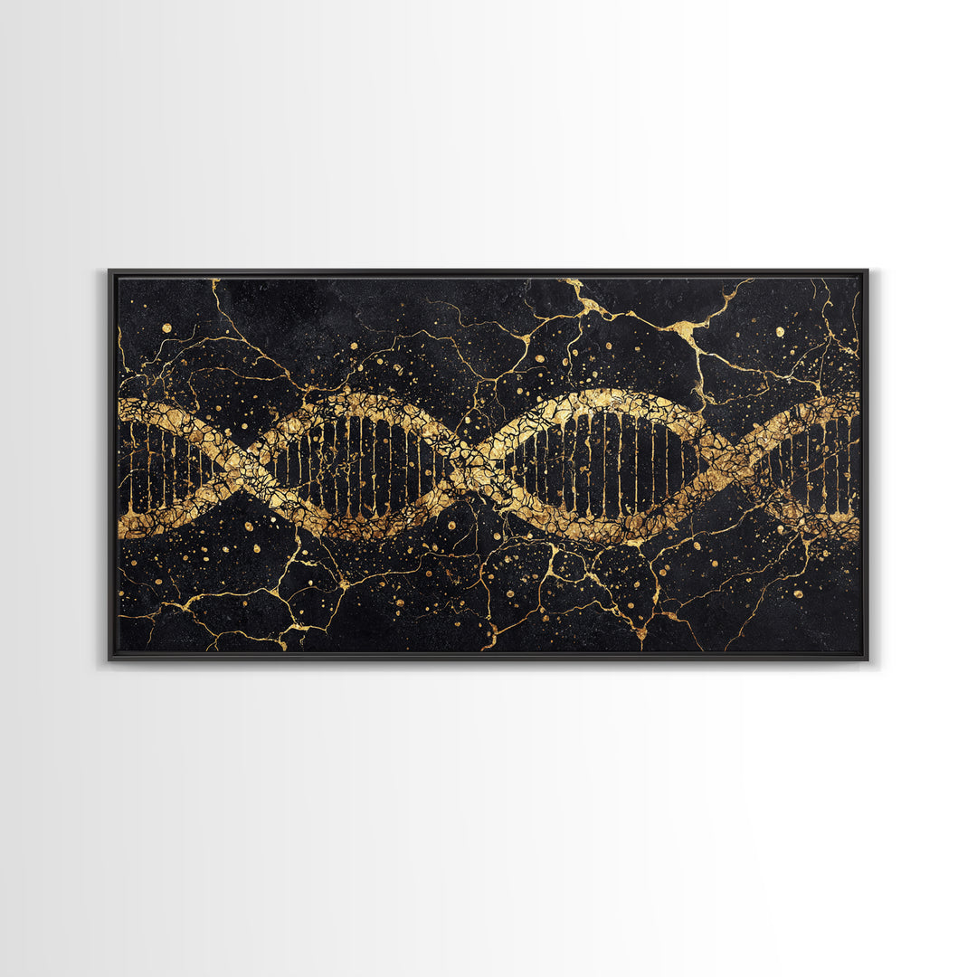 Gold DNA Helix On Black Marble Canvas Print, Science Inspired Abstract Wall Art, Modern Biology Decor, Luxury Office Artwork